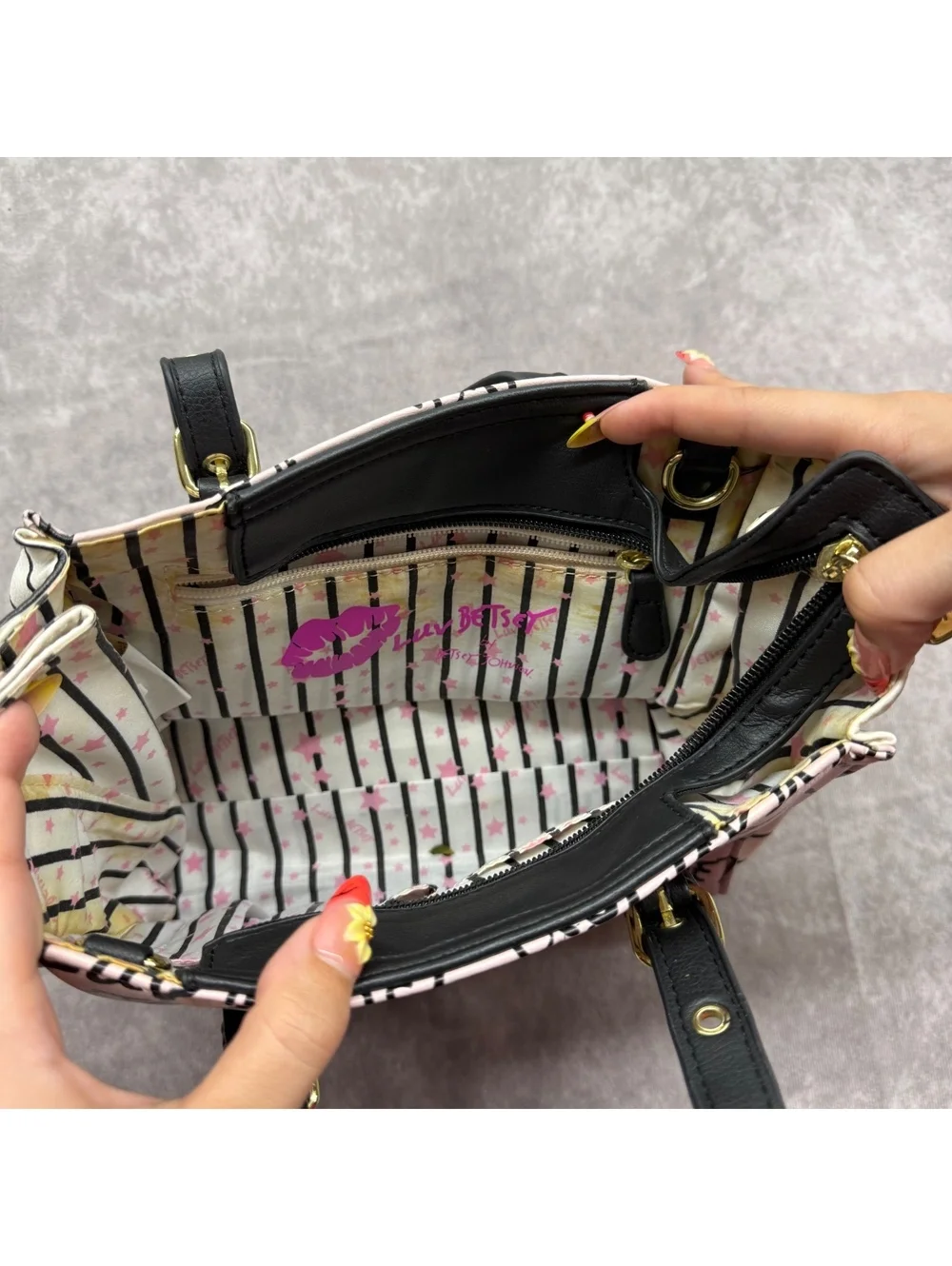 Luv Betsey Johnson Pink Black Graffiti Heart Stripe Mini Satchel Tote Bag